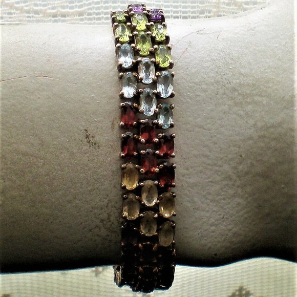 Vintage Sterling Silver Multi Gem Garnet Peridot Blue Topaz Tennis Bracelet
